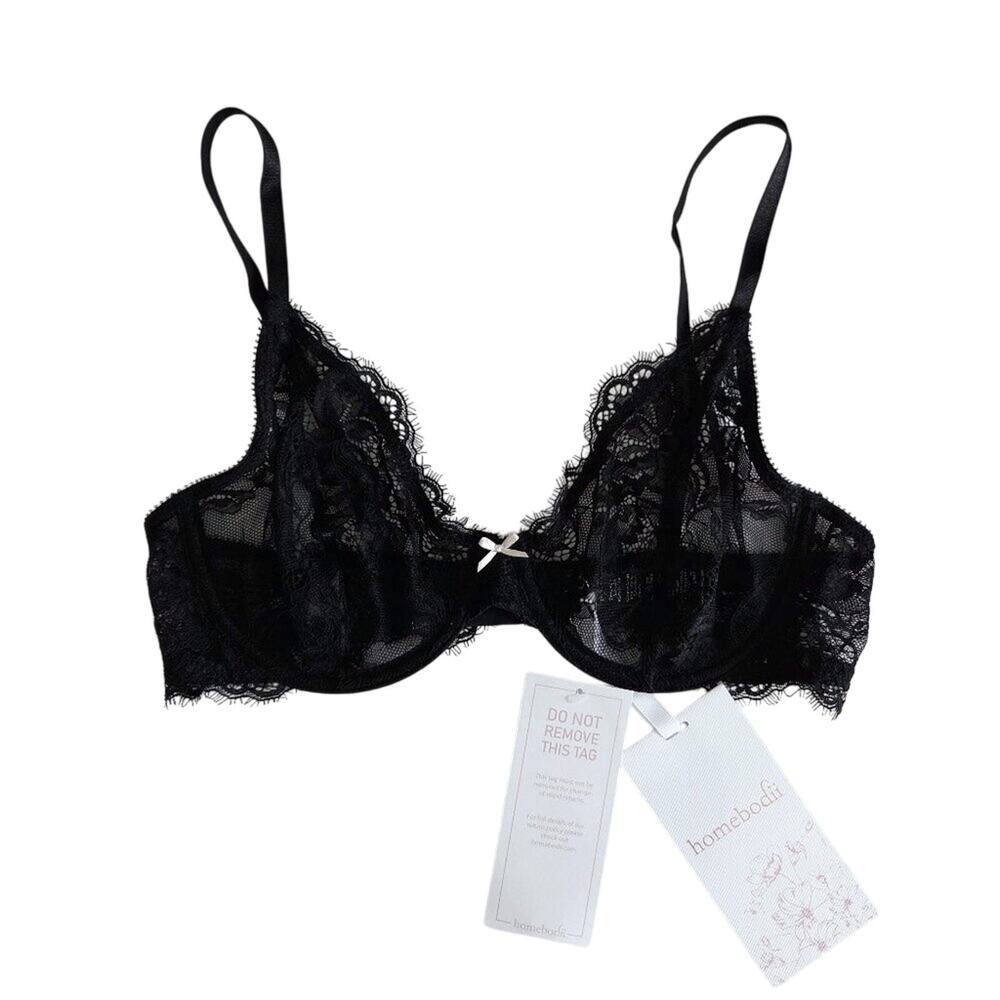Homebodii Sydney Black Sheer Lace Underwire Bra Romantic Lingerie M NWT